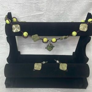 Handmade necklace and matching earrings. Green marble, garnets, moss agate.